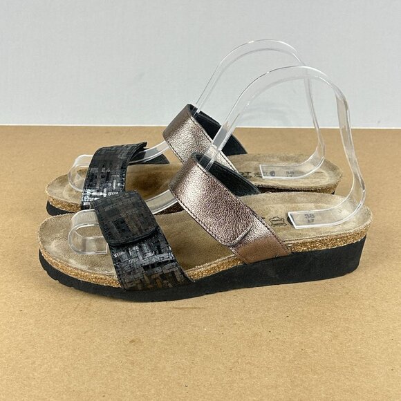 Naot Althea Leather Two Strap Sandals Womens 7 Black Rose Gold Slip On - Picture 1 of 9